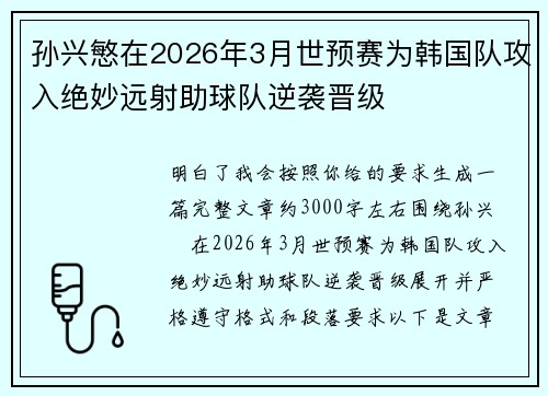 孙兴慜在2026年3月世预赛为韩国队攻入绝妙远射助球队逆袭晋级 孙兴慜在2026年3月世预赛为韩国队攻入绝妙远射助球队逆袭晋级